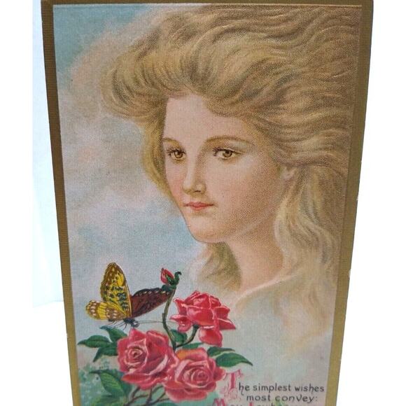 Fantasy Postcard Giant Blonde Goddess In Clouds Red Roses Butterfly CC No57 - Picture 1 of 3